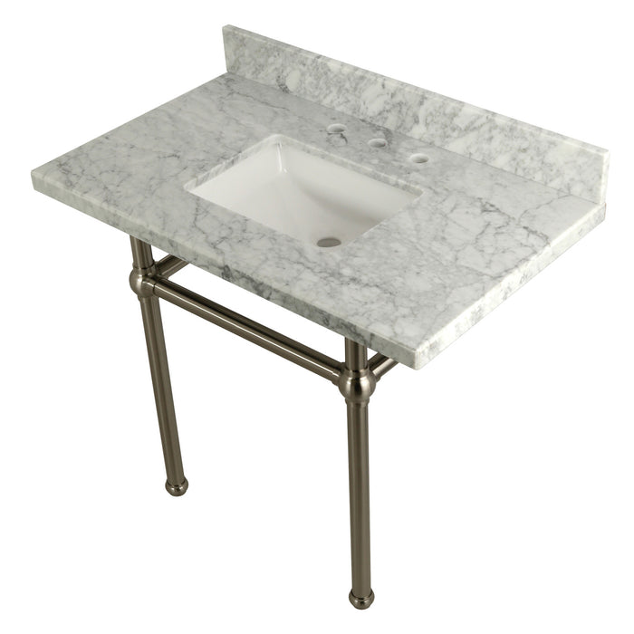 Kingston Heirloom KVPB3630MBSQ8 - Templeton 36-Inch Carrara Marble Vanity Top with Brass Legs (8-Inch, 3-Hole), Carrara Marble White/Brushed Nickel