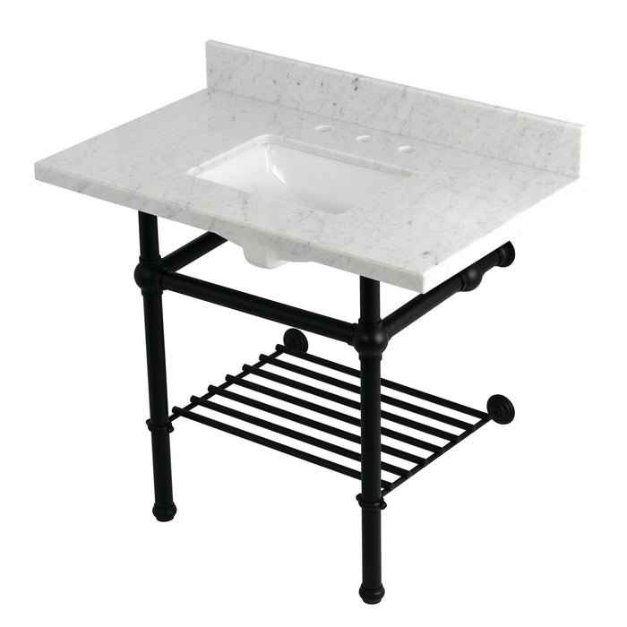 Kingston Heirloom KVPB3630MBSQB0 - Templeton 36-Inch Carrara Marble Console Sink with Brass Legs and Shelf (8-Inch, 3-Hole), Carrara Marble White/Matte Black