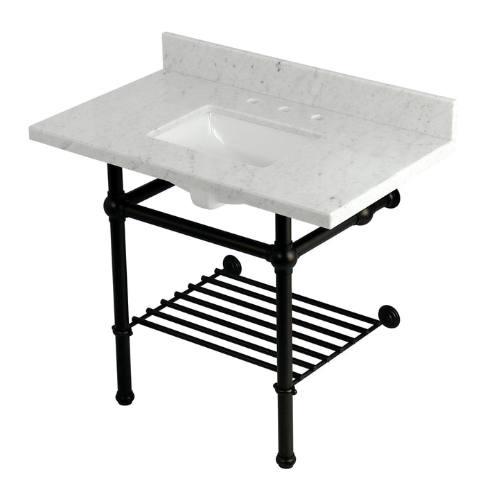 Kingston Heirloom KVPB3630MBSQB5 - Templeton 36-Inch Carrara Marble Console Sink with Brass Legs and Shelf (8-Inch, 3-Hole), Carrara Marble White/Oil Rubbed Bronze