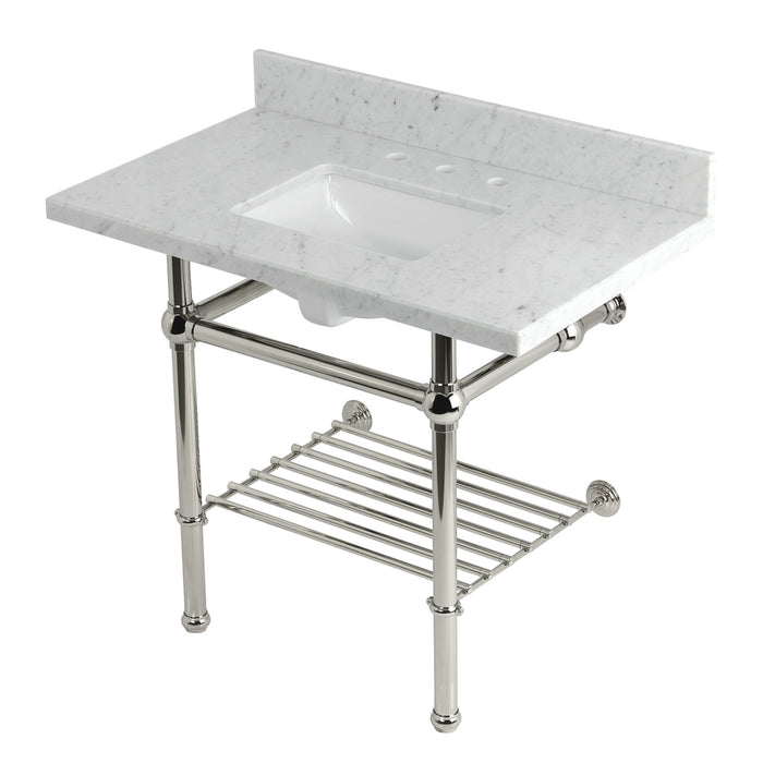 Kingston Heirloom KVPB3630MBSQB6 - Templeton 36-Inch Carrara Marble Console Sink with Brass Legs and Shelf (8-Inch, 3-Hole), Carrara Marble White/Polished Nickel