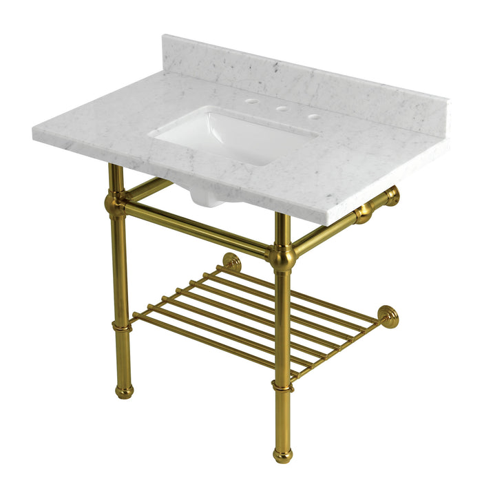 Kingston Heirloom KVPB3630MBSQB7 - Templeton 36-Inch Carrara Marble Console Sink with Brass Legs and Shelf (8-Inch, 3-Hole), Carrara Marble White/Brushed Brass