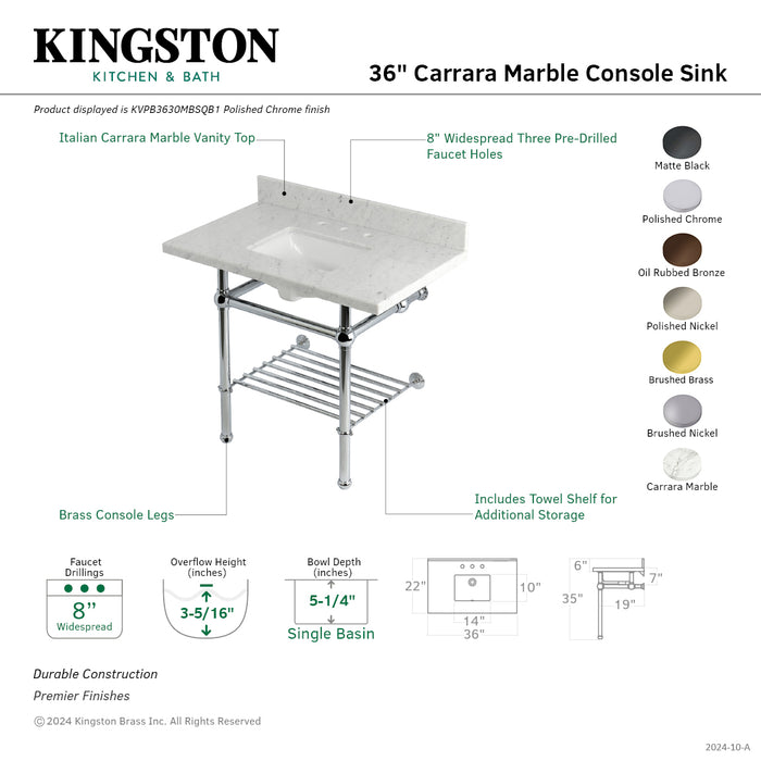 Kingston Heirloom KVPB3630MBSQB8 - Templeton 36-Inch Carrara Marble Console Sink with Brass Legs and Shelf (8-Inch, 3-Hole), Carrara Marble White/Brushed Nickel