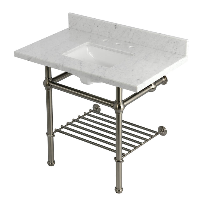 Kingston Heirloom KVPB3630MBSQB8 - Templeton 36-Inch Carrara Marble Console Sink with Brass Legs and Shelf (8-Inch, 3-Hole), Carrara Marble White/Brushed Nickel