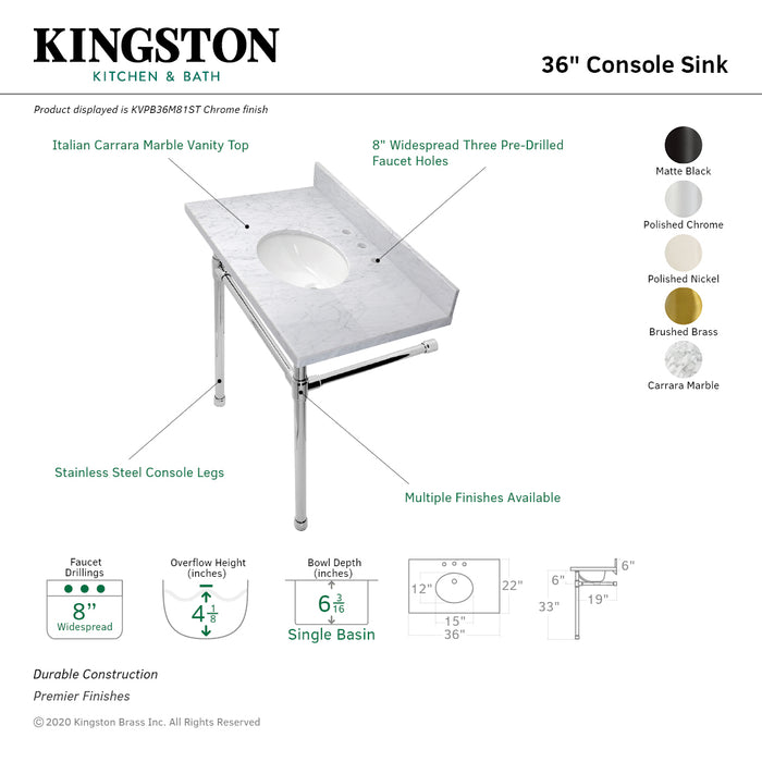 Kingston Tulare KVPB36M81ST - Dreyfuss 36-Inch Carrara Marble Vanity Top with Stainless Steel Legs (8-Inch, 3-Hole), Carrara Marble White/Polished Chrome