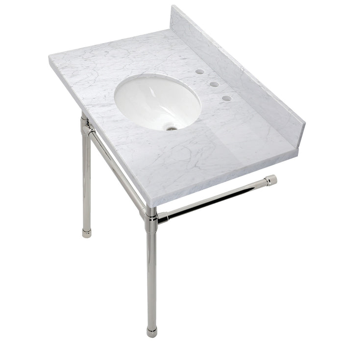 Kingston Tulare KVPB36M86ST - Dreyfuss 36-Inch Carrara Marble Vanity Top with Stainless Steel Legs (8-Inch, 3-Hole), Carrara Marble White/Polished Nickel