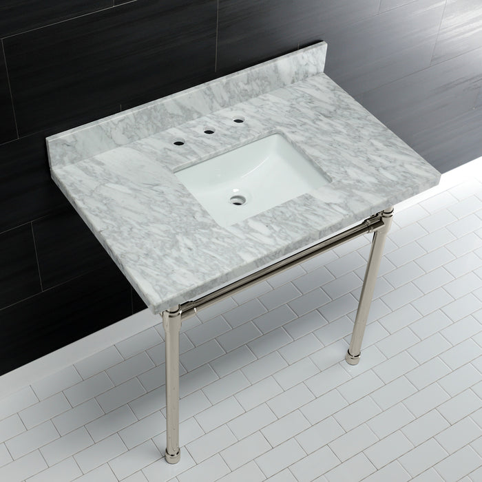 Kingston Tulare KVPB36M8SQ6ST - Dreyfuss 36-Inch Carrara Marble Vanity Top with Stainless Steel Legs (8-Inch, 3-Hole), Carrara Marble White/Polished Nickel