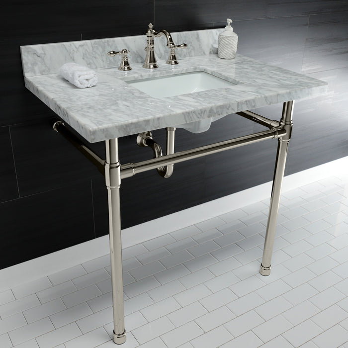 Kingston Tulare KVPB36M8SQ6ST - Dreyfuss 36-Inch Carrara Marble Vanity Top with Stainless Steel Legs (8-Inch, 3-Hole), Carrara Marble White/Polished Nickel