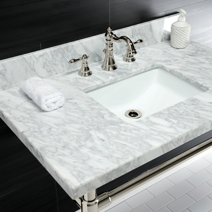 Kingston Tulare KVPB36M8SQ6ST - Dreyfuss 36-Inch Carrara Marble Vanity Top with Stainless Steel Legs (8-Inch, 3-Hole), Carrara Marble White/Polished Nickel
