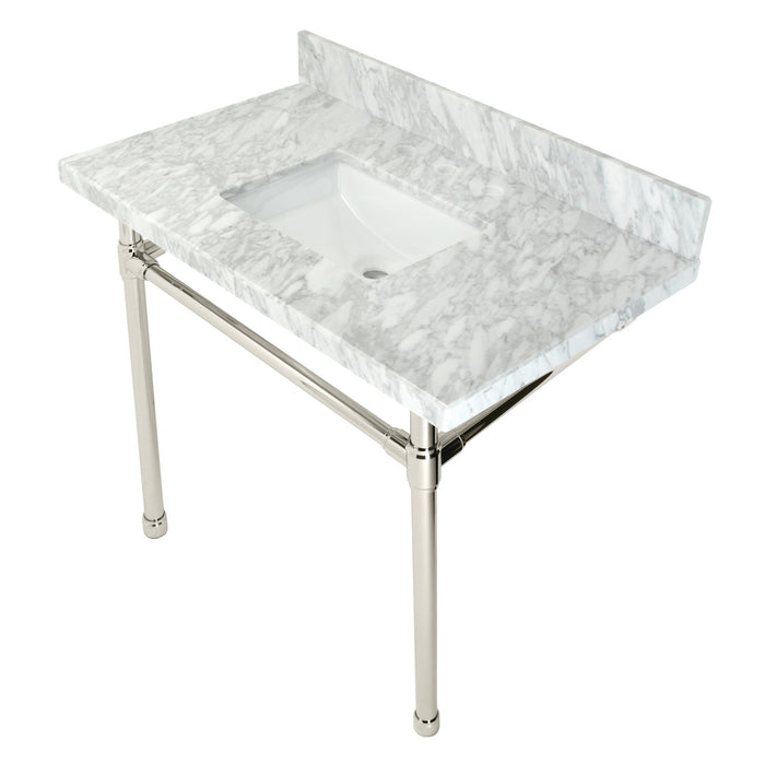 Kingston Tulare KVPB36M8SQ6ST - Dreyfuss 36-Inch Carrara Marble Vanity Top with Stainless Steel Legs (8-Inch, 3-Hole), Carrara Marble White/Polished Nickel