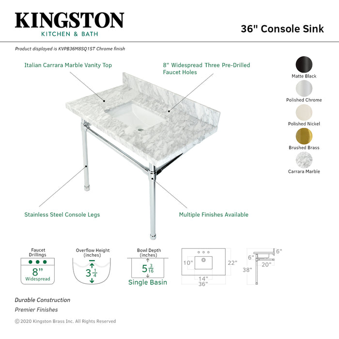 Kingston Tulare KVPB36M8SQ7ST - Dreyfuss 36-Inch Carrara Marble Vanity Top with Stainless Steel Legs (8-Inch, 3-Hole), Carrara Marble White/Brushed Brass