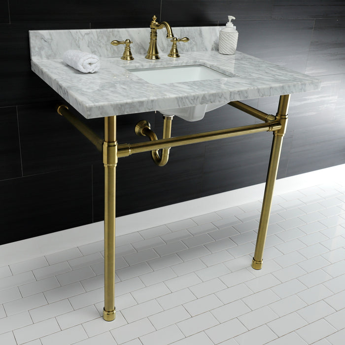 Kingston Tulare KVPB36M8SQ7ST - Dreyfuss 36-Inch Carrara Marble Vanity Top with Stainless Steel Legs (8-Inch, 3-Hole), Carrara Marble White/Brushed Brass