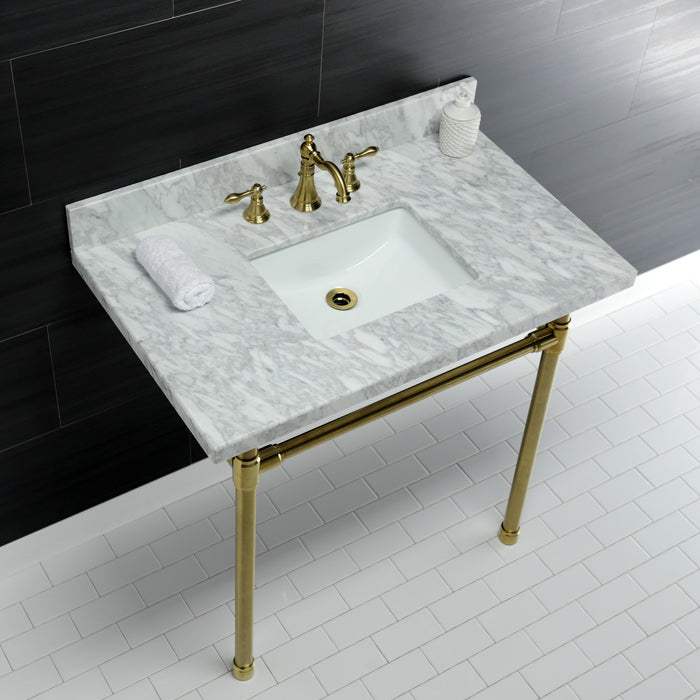 Kingston Tulare KVPB36M8SQ7ST - Dreyfuss 36-Inch Carrara Marble Vanity Top with Stainless Steel Legs (8-Inch, 3-Hole), Carrara Marble White/Brushed Brass