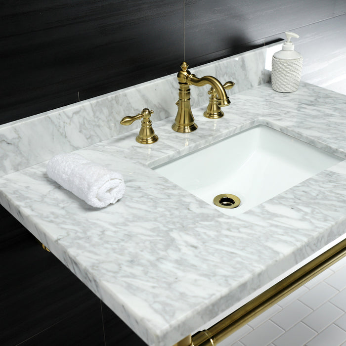 Kingston Tulare KVPB36M8SQ7ST - Dreyfuss 36-Inch Carrara Marble Vanity Top with Stainless Steel Legs (8-Inch, 3-Hole), Carrara Marble White/Brushed Brass