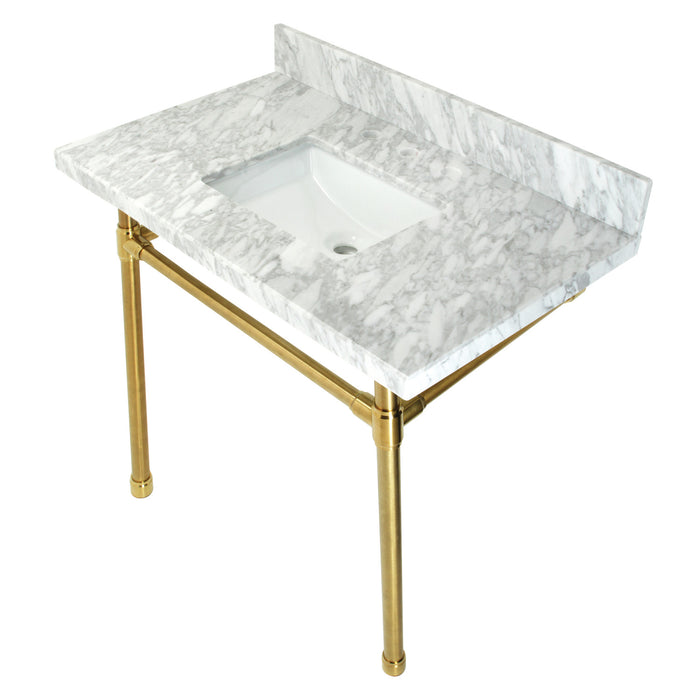 Kingston Tulare KVPB36M8SQ7ST - Dreyfuss 36-Inch Carrara Marble Vanity Top with Stainless Steel Legs (8-Inch, 3-Hole), Carrara Marble White/Brushed Brass