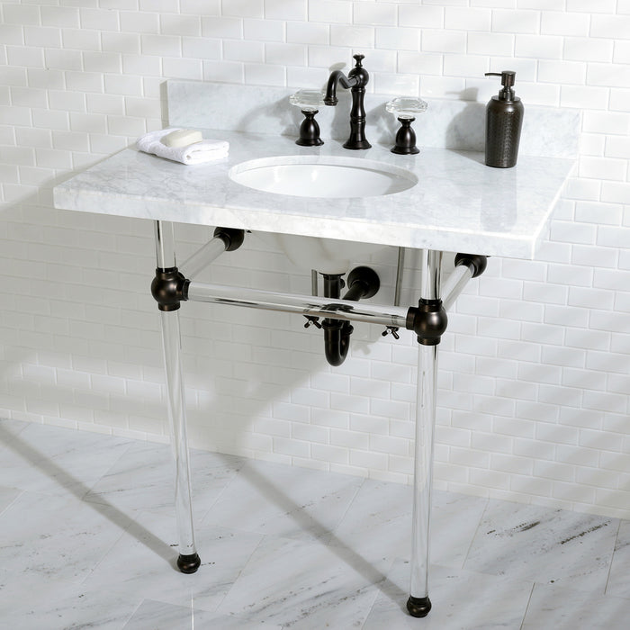 Kingston Tulare KVPB36MA5 - Templeton 36-Inch Carrara Marble Vanity Top with Acrylic Legs (8-Inch, 3-Hole), Carrara Marble White/Oil Rubbed Bronze
