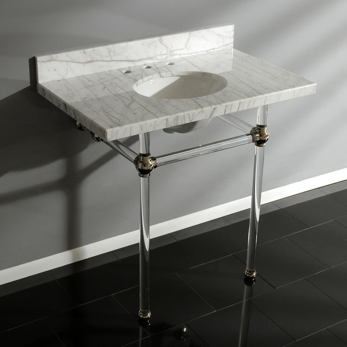 Kingston Tulare KVPB36MA6 - Templeton 36-Inch Carrara Marble Vanity Top with Acrylic Legs (8-Inch, 3-Hole), Carrara Marble White/Polished Nickel