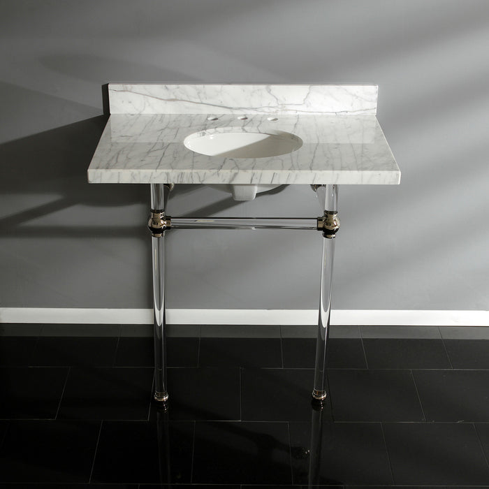 Kingston Tulare KVPB36MA6 - Templeton 36-Inch Carrara Marble Vanity Top with Acrylic Legs (8-Inch, 3-Hole), Carrara Marble White/Polished Nickel