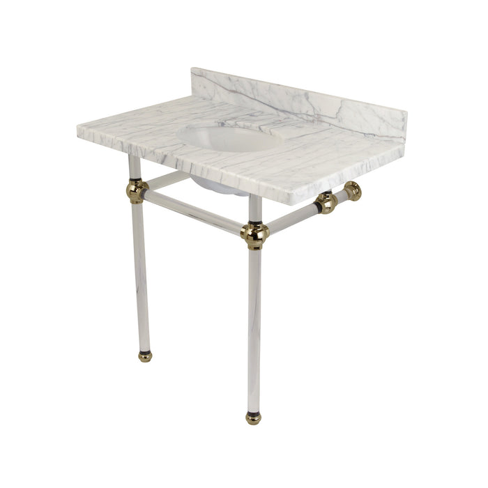 Kingston Tulare KVPB36MA6 - Templeton 36-Inch Carrara Marble Vanity Top with Acrylic Legs (8-Inch, 3-Hole), Carrara Marble White/Polished Nickel