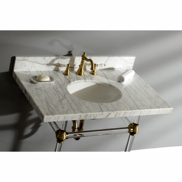 Kingston Tulare KVPB36MA7 - Templeton 36-Inch Carrara Marble Vanity Top with Acrylic Legs (8-Inch, 3-Hole), Carrara Marble White/Brushed Brass