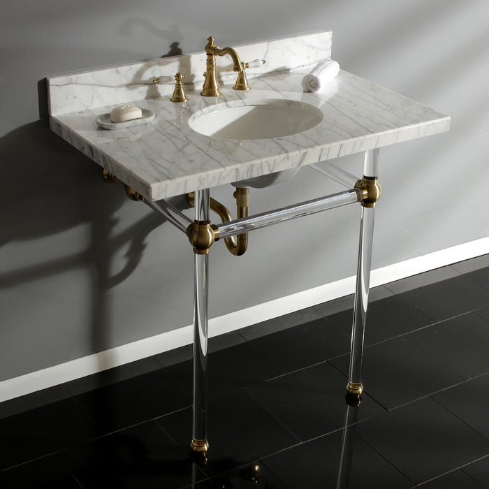 Kingston Tulare KVPB36MA7 - Templeton 36-Inch Carrara Marble Vanity Top with Acrylic Legs (8-Inch, 3-Hole), Carrara Marble White/Brushed Brass