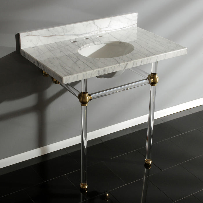 Kingston Tulare KVPB36MA7 - Templeton 36-Inch Carrara Marble Vanity Top with Acrylic Legs (8-Inch, 3-Hole), Carrara Marble White/Brushed Brass