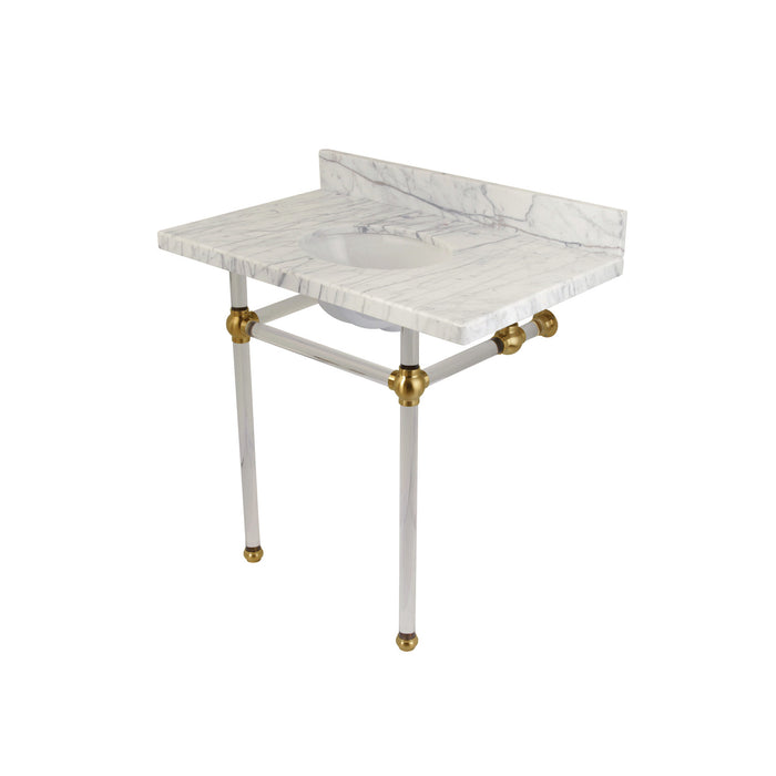 Kingston Tulare KVPB36MA7 - Templeton 36-Inch Carrara Marble Vanity Top with Acrylic Legs (8-Inch, 3-Hole), Carrara Marble White/Brushed Brass