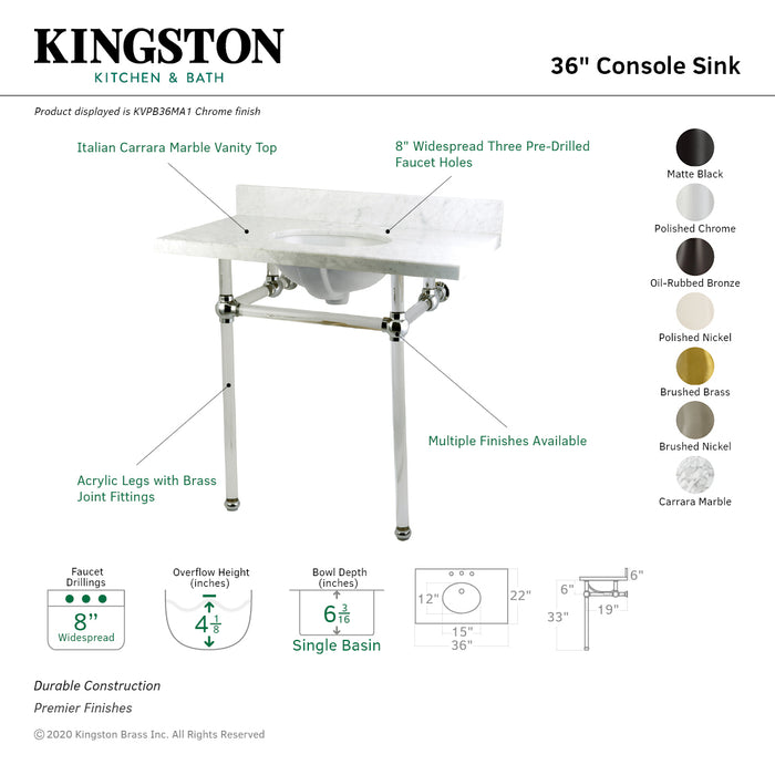 Kingston Tulare KVPB36MA8 - Templeton 36-Inch Carrara Marble Vanity Top with Acrylic Legs (8-Inch, 3-Hole), Carrara Marble White/Brushed Nickel