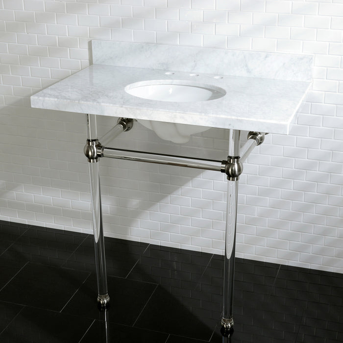 Kingston Tulare KVPB36MA8 - Templeton 36-Inch Carrara Marble Vanity Top with Acrylic Legs (8-Inch, 3-Hole), Carrara Marble White/Brushed Nickel