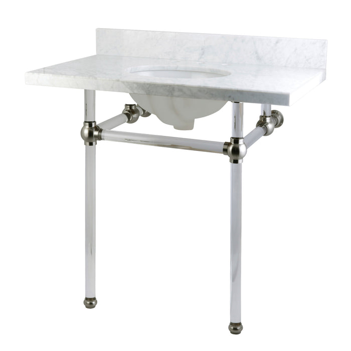 Kingston Tulare KVPB36MA8 - Templeton 36-Inch Carrara Marble Vanity Top with Acrylic Legs (8-Inch, 3-Hole), Carrara Marble White/Brushed Nickel
