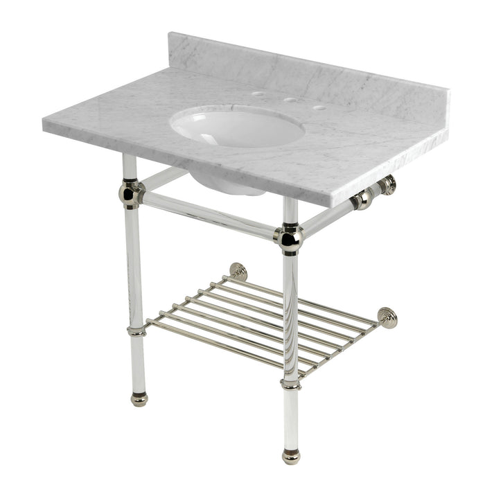 Kingston Tulare KVPB36MAB6 - Templeton 36-Inch Carrara Marble Console Sink with Acrylic Legs and Shelf (8-Inch, 3-Hole), Carrara Marble White/Polished Nickel