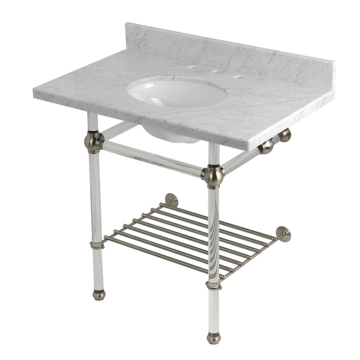 Kingston Tulare KVPB36MAB8 - Templeton 36-Inch Carrara Marble Console Sink with Acrylic Legs and Shelf (8-Inch, 3-Hole), Carrara Marble White/Brushed Nickel