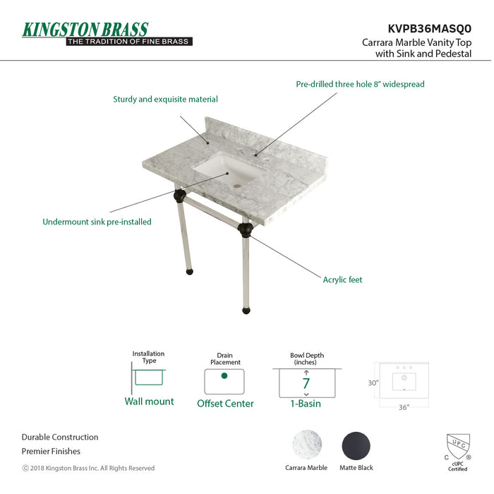 Kingston Tulare KVPB36MASQ0 - Templeton 36-Inch Carrara Marble Vanity Top with Acrylic Legs (8-Inch, 3-Hole), Carrara Marble White/Matte Black