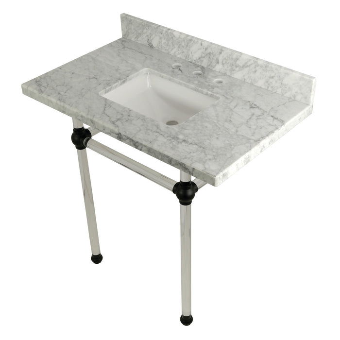Kingston Tulare KVPB36MASQ0 - Templeton 36-Inch Carrara Marble Vanity Top with Acrylic Legs (8-Inch, 3-Hole), Carrara Marble White/Matte Black