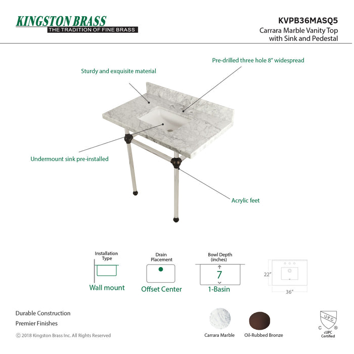 Kingston Tulare KVPB36MASQ5 - Templeton 36-Inch Carrara Marble Vanity Top with Acrylic Legs (8-Inch, 3-Hole), Carrara Marble White/Oil Rubbed Bronze