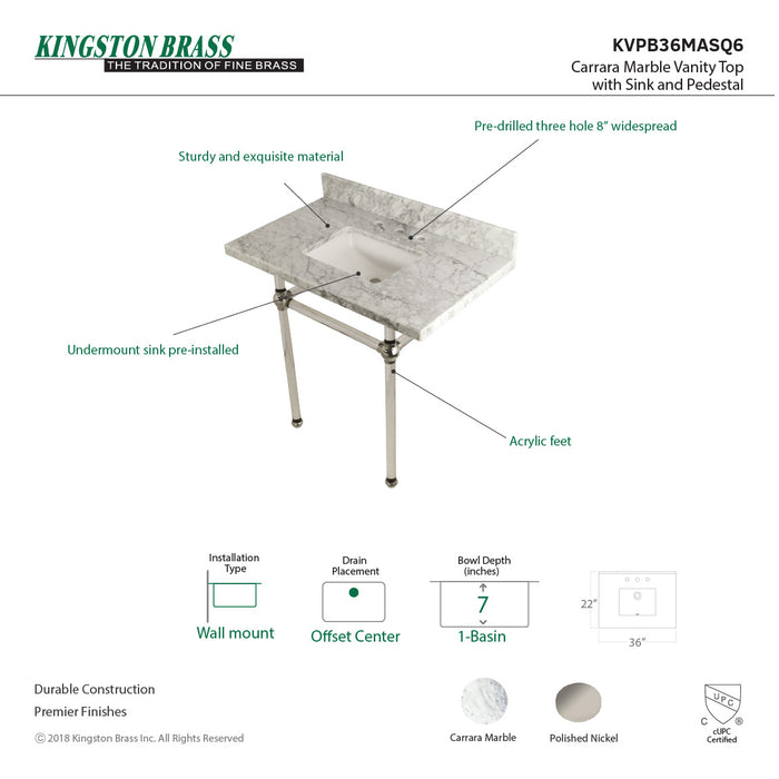 Kingston Tulare KVPB36MASQ6 - Templeton 36-Inch Carrara Marble Vanity Top with Acrylic Legs (8-Inch, 3-Hole), Carrara Marble White/Polished Nickel