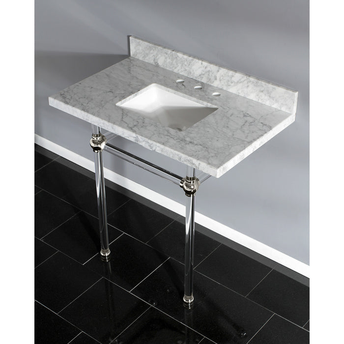 Kingston Tulare KVPB36MASQ6 - Templeton 36-Inch Carrara Marble Vanity Top with Acrylic Legs (8-Inch, 3-Hole), Carrara Marble White/Polished Nickel