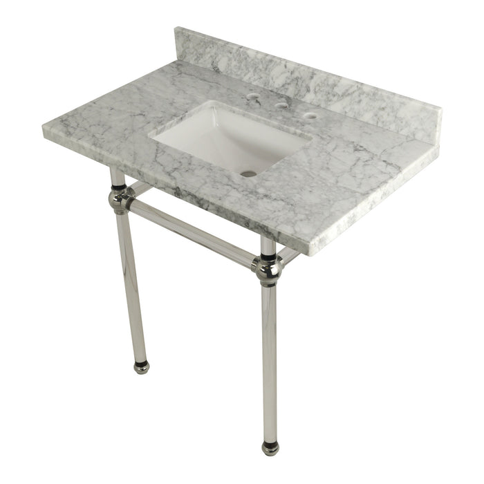 Kingston Tulare KVPB36MASQ6 - Templeton 36-Inch Carrara Marble Vanity Top with Acrylic Legs (8-Inch, 3-Hole), Carrara Marble White/Polished Nickel