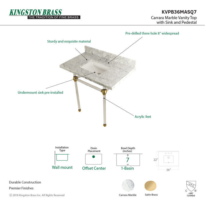 Kingston Tulare KVPB36MASQ7 - Templeton 36-Inch Carrara Marble Vanity Top with Acrylic Legs (8-Inch, 3-Hole), Carrara Marble White/Brushed Brass