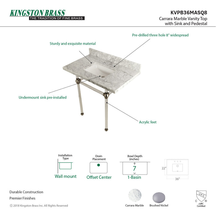 Kingston Tulare KVPB36MASQ8 - Templeton 36-Inch Carrara Marble Vanity Top with Acrylic Legs (8-Inch, 3-Hole), Carrara Marble White/Brushed Nickel