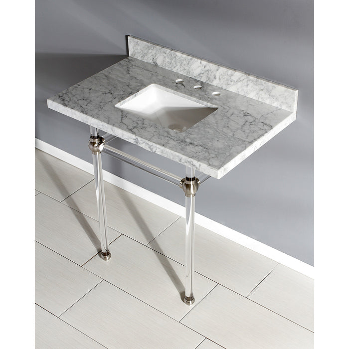 Kingston Tulare KVPB36MASQ8 - Templeton 36-Inch Carrara Marble Vanity Top with Acrylic Legs (8-Inch, 3-Hole), Carrara Marble White/Brushed Nickel