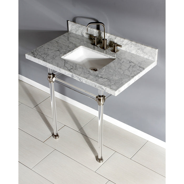 Kingston Tulare KVPB36MASQ8 - Templeton 36-Inch Carrara Marble Vanity Top with Acrylic Legs (8-Inch, 3-Hole), Carrara Marble White/Brushed Nickel