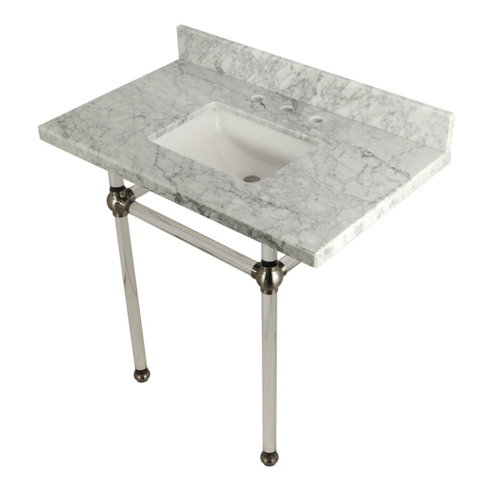 Kingston Tulare KVPB36MASQ8 - Templeton 36-Inch Carrara Marble Vanity Top with Acrylic Legs (8-Inch, 3-Hole), Carrara Marble White/Brushed Nickel