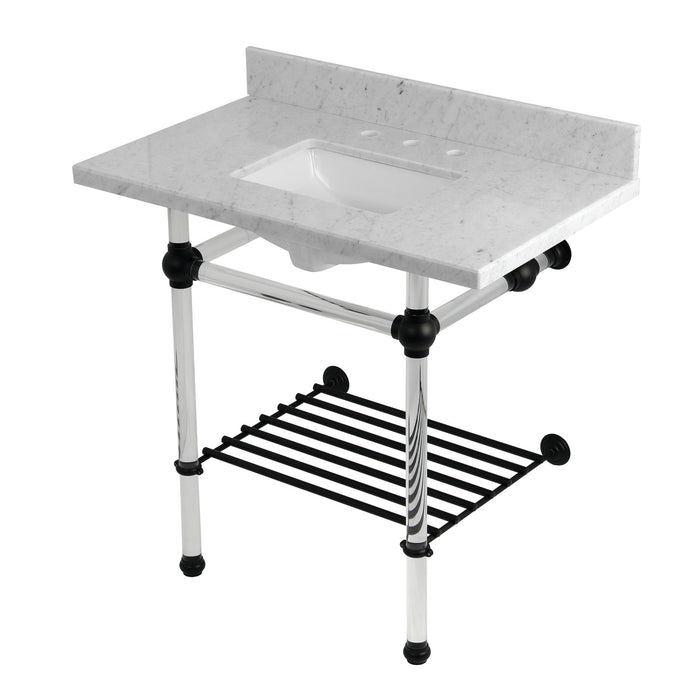 Kingston Tulare KVPB36MASQB0 - Templeton 36-Inch Carrara Marble Console Sink with Acrylic Legs and Shelf (8-Inch, 3-Hole), Carrara Marble White/Matte Black