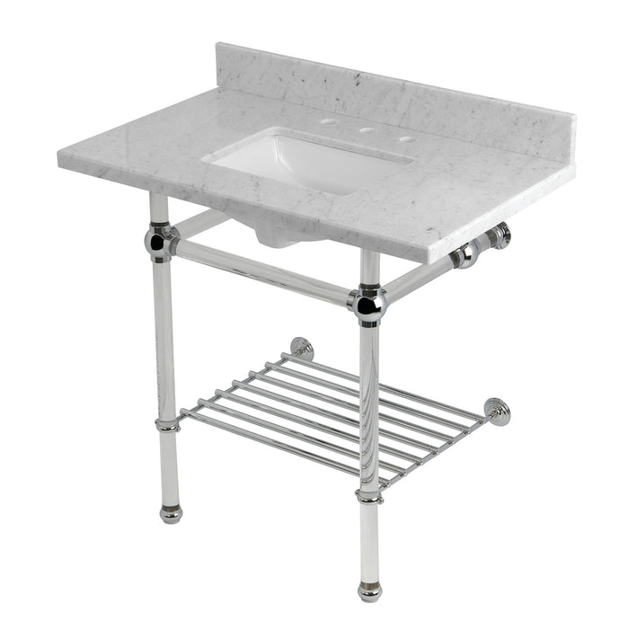 Kingston Tulare KVPB36MASQB1 - Templeton 36-Inch Carrara Marble Console Sink with Acrylic Legs and Shelf (8-Inch, 3-Hole), Carrara Marble White/Polished Chrome