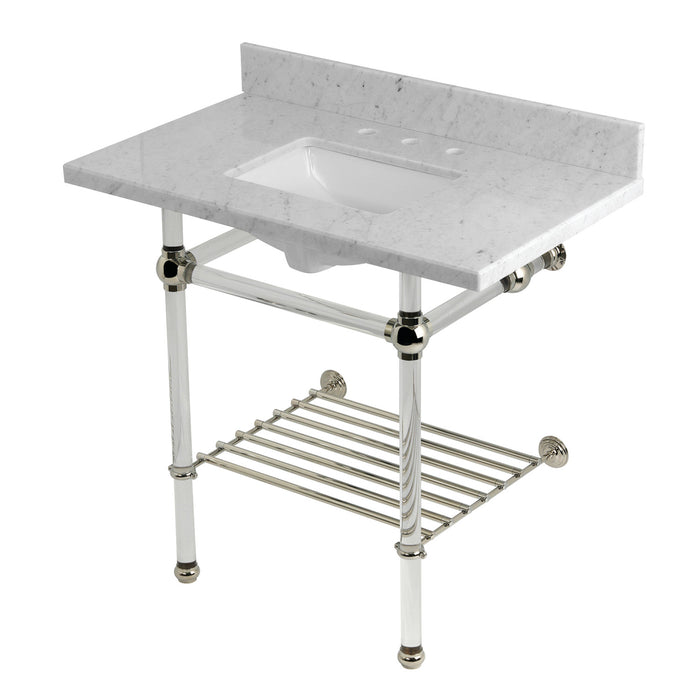Kingston Tulare KVPB36MASQB6 - Templeton 36-Inch Carrara Marble Console Sink with Acrylic Legs and Shelf (8-Inch, 3-Hole), Carrara Marble White/Polished Nickel