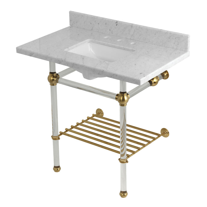 Kingston Tulare KVPB36MASQB7 - Templeton 36-Inch Carrara Marble Console Sink with Acrylic Legs and Shelf (8-Inch, 3-Hole), Carrara Marble White/Brushed Brass