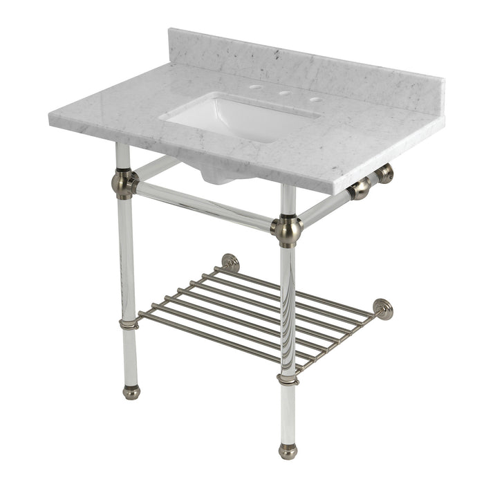 Kingston Tulare KVPB36MASQB8 - Templeton 36-Inch Carrara Marble Console Sink with Acrylic Legs and Shelf (8-Inch, 3-Hole), Carrara Marble White/Brushed Nickel