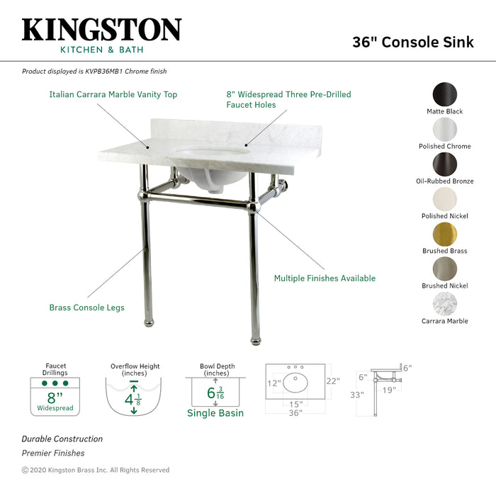 Kingston Heirloom KVPB36MB6 - Templeton 36-Inch Carrara Marble Vanity Top with Brass Legs (8-Inch, 3-Hole), Carrara Marble White/Polished Nickel