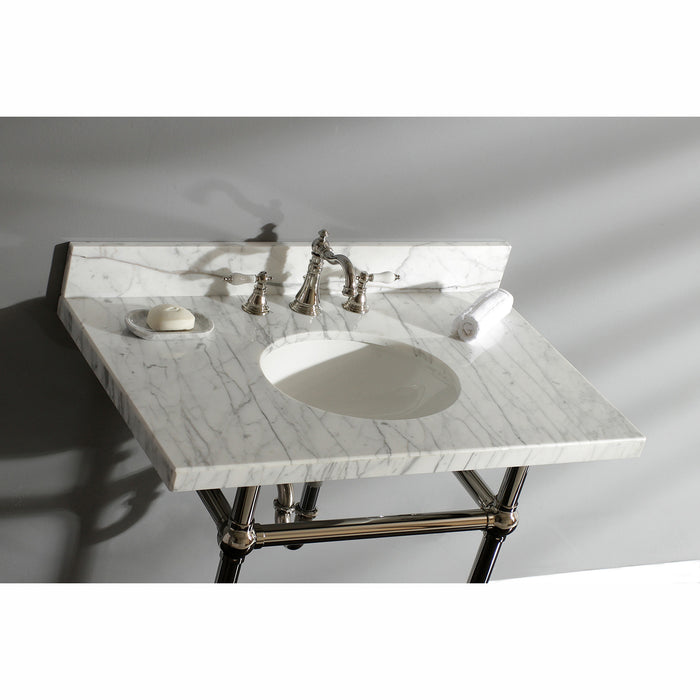 Kingston Heirloom KVPB36MB6 - Templeton 36-Inch Carrara Marble Vanity Top with Brass Legs (8-Inch, 3-Hole), Carrara Marble White/Polished Nickel