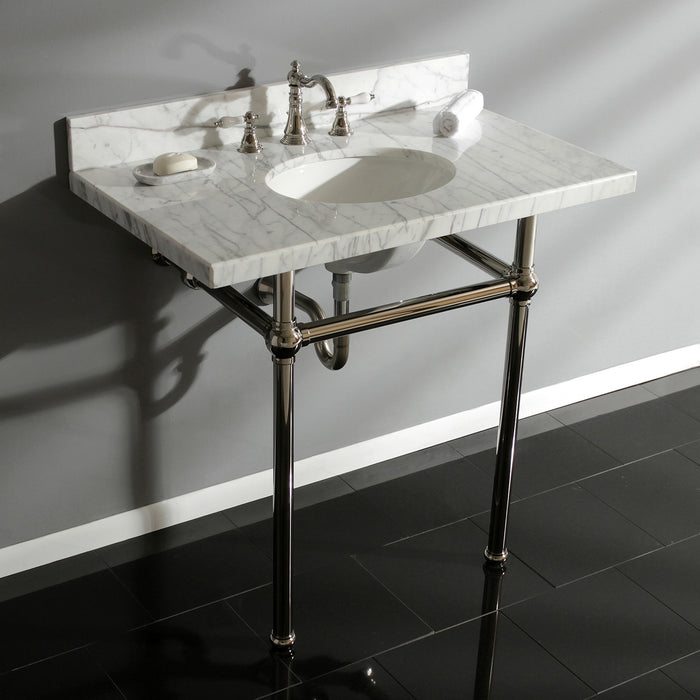 Kingston Heirloom KVPB36MB6 - Templeton 36-Inch Carrara Marble Vanity Top with Brass Legs (8-Inch, 3-Hole), Carrara Marble White/Polished Nickel